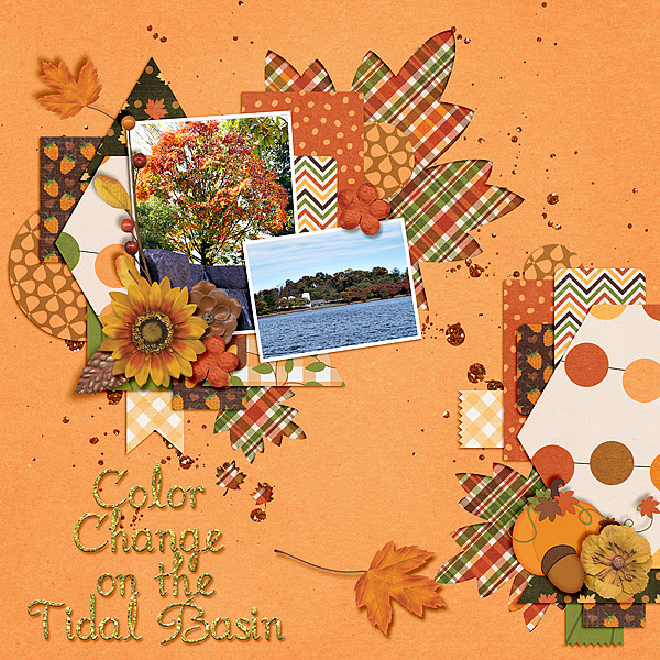 One of my favorite things to do with leaves on a digital scrapbooking layout is to cut them out into the page with a patterned background behind it. This is a great example of that! You could also get this effect by overlaying your favorite paper on top of a leaf you like in a kit (or shape in your program). Then shadow it to look like a cut out. 